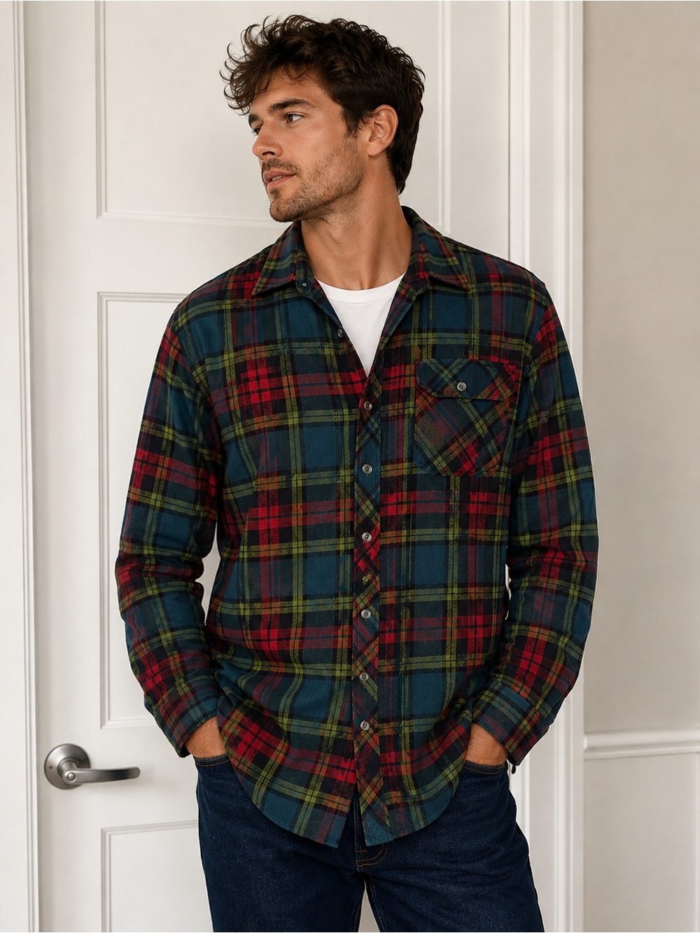 Billabong Men’s Large Plaid Flannel Shirt Blue Green Red Casual Button Down